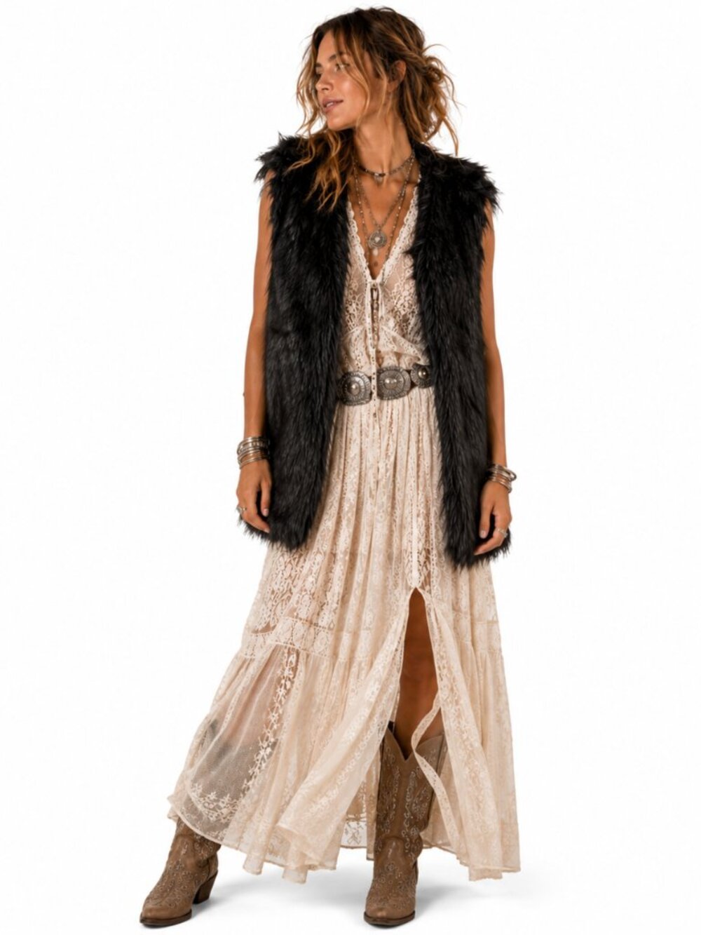 Gibson‎ Latimer Faux Fur Vest Womens L Black Sleeveless Boho Glam Layering